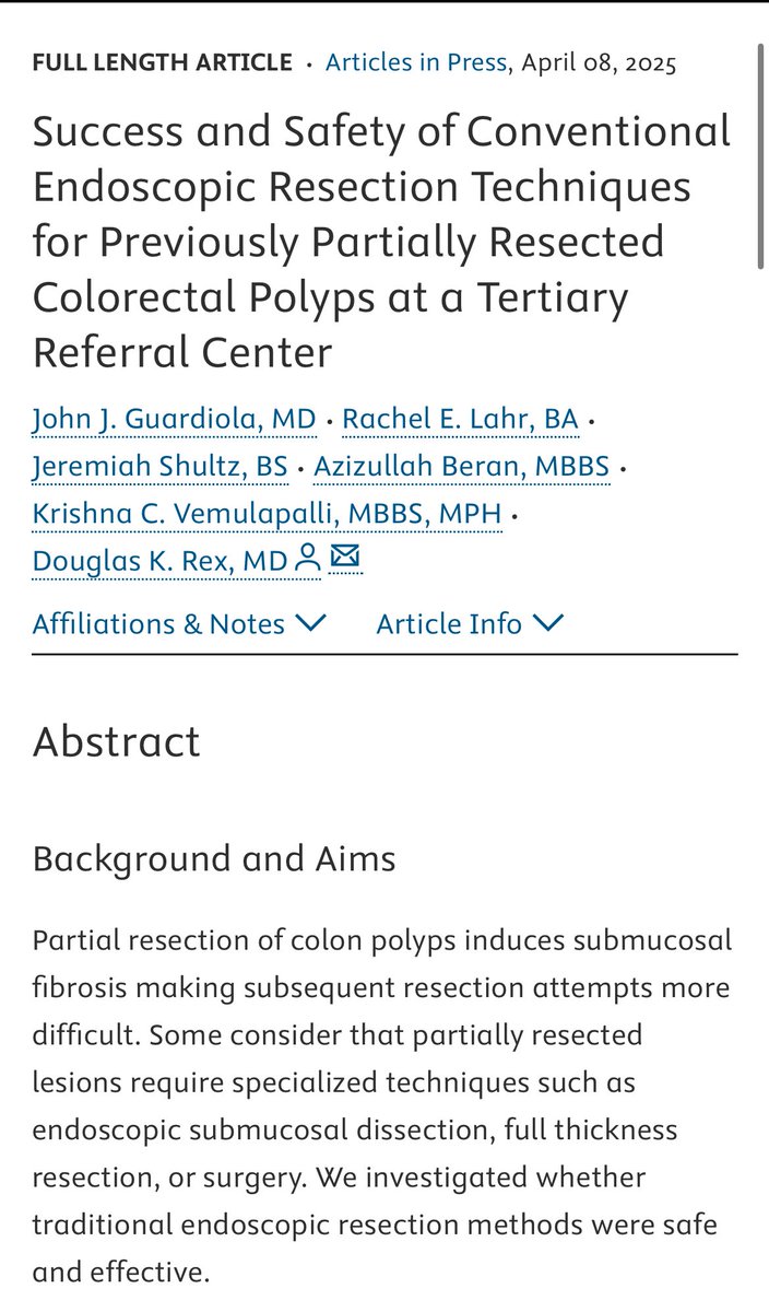 Azizullah Beran, MD, ABOM-D (@azizullahberan) on Twitter photo Check out our recent paper published in <a href="/GIE_Journal/">GIE</a> entitled “success and safety of conventional endoscopic resection techniques got previously partially resected colorectal polyps at a tertiary referral center”
<a href="/JohnGuardiolaMD/">John Guardiola</a>
<a href="/Rex_colonoscopy/">Douglas K. Rex, MD</a>
<a href="/IUGastro/">Indiana University Gastroenterology and Hepatology</a> Check out our recent paper published in <a href="/GIE_Journal/">GIE</a> entitled “success and safety of conventional endoscopic resection techniques got previously partially resected colorectal polyps at a tertiary referral center”
<a href="/JohnGuardiolaMD/">John Guardiola</a>
<a href="/Rex_colonoscopy/">Douglas K. Rex, MD</a>
<a href="/IUGastro/">Indiana University Gastroenterology and Hepatology</a>