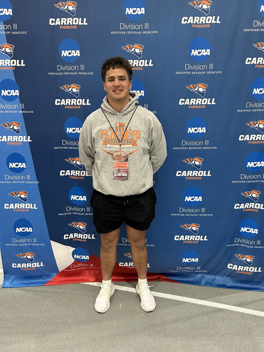 Elliott Dahlberg (@elliot__09) on Twitter photo I had a great time <a href="/piofootball/">Carroll U Football</a> today. I loved the campus and what the football program had to offer! Thank you <a href="/Coachraby_/">Josh Raby</a> for the invite.
<a href="/Minooka_Indians/">Minooka Football</a> <a href="/MinookaStrength/">Minooka Strength and Conditioning</a> <a href="/RecruitTheNook/">Minooka Football Recruiting</a> <a href="/illini197/">Matt Harding</a> I had a great time <a href="/piofootball/">Carroll U Football</a> today. I loved the campus and what the football program had to offer! Thank you <a href="/Coachraby_/">Josh Raby</a> for the invite.
<a href="/Minooka_Indians/">Minooka Football</a> <a href="/MinookaStrength/">Minooka Strength and Conditioning</a> <a href="/RecruitTheNook/">Minooka Football Recruiting</a> <a href="/illini197/">Matt Harding</a>