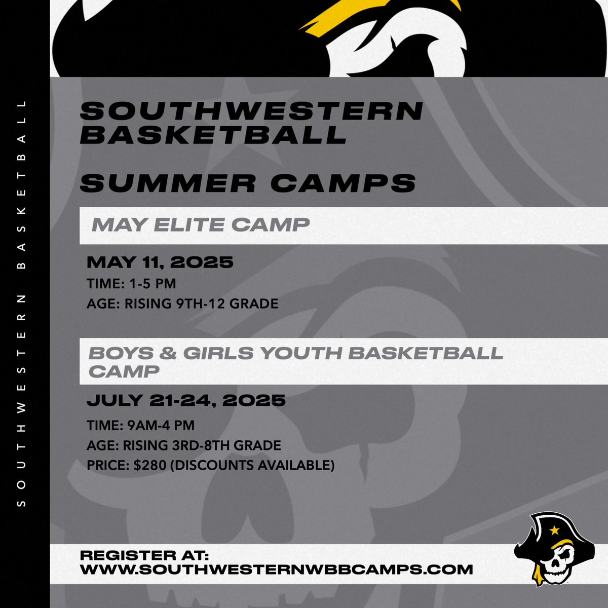 Lawrence Bailey (@coachbailey07) on Twitter photo 🚨Lady Hoopers🚨
Opportunity to get in front of college coaches!
Elite camp on Sunday, May 11th
Location: Georgetown
Link: southwesternwbbcamps.com/elite-camp.cfm
🏴☠️🏀 <a href="/SUPiratesWBB/">Southwestern Women’s Basketball</a>
Get signed up and share with other ladies who want to play college ball! Learn drills they do in college! 🚨Lady Hoopers🚨
Opportunity to get in front of college coaches!
Elite camp on Sunday, May 11th
Location: Georgetown
Link: southwesternwbbcamps.com/elite-camp.cfm
🏴☠️🏀 <a href="/SUPiratesWBB/">Southwestern Women’s Basketball</a>
Get signed up and share with other ladies who want to play college ball! Learn drills they do in college!