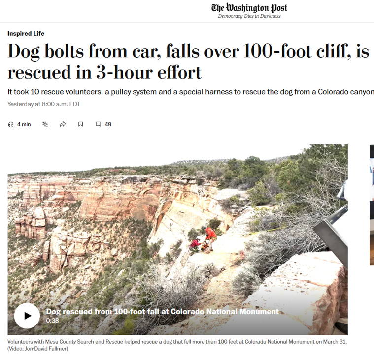 DrJMarine's tweet image. Great rescue story! #TheGoodStuff @HeartOTXHeartMD @hvanspall @DrMarthaGulati 
Dog bolts from car, falls over 100-foot cliff, is rescued in 3-hour effort wapo.st/3EkJhEO
