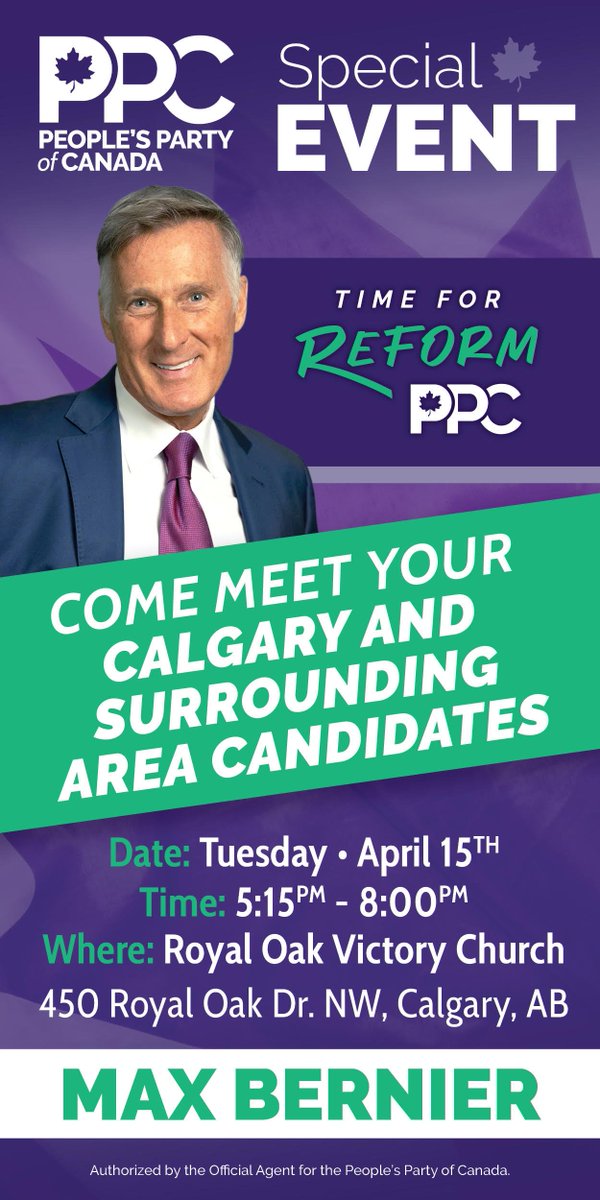 dplegere's tweet photo. Good News. Maxime Bernier will be in Calgary on April 15th, 2025. Royal Oak Victory Church, 450 Royal Oak Drive NW. Calgary AB. #CalgaryShepard #VotePPC #VoteDonaldLegere https://t.co/0tKmzO9X8O