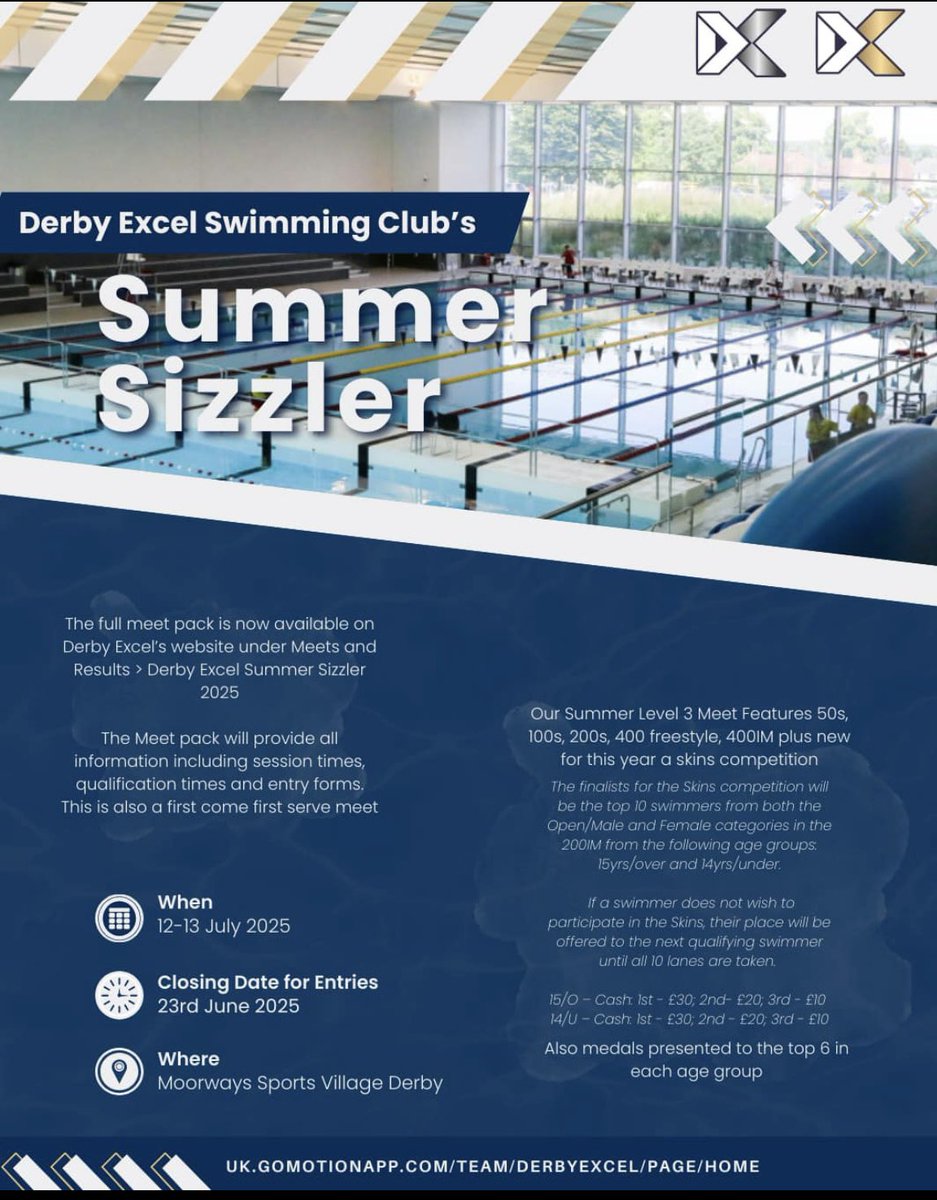 Derby Excel Swimming Club💙 (@derbyexcelclub) on Twitter photo Level 3 Long Course Summer Sizzler meet is back!
12th and 13th July, at Moorways sports Village, Derby
Closing date 23rd June or sooner if full
This year we have decided to add a skins competition with a cash prize🏆
<a href="/DerbyExcelPerf/">Derby Excel SC - Performance</a> Level 3 Long Course Summer Sizzler meet is back!
12th and 13th July, at Moorways sports Village, Derby
Closing date 23rd June or sooner if full
This year we have decided to add a skins competition with a cash prize🏆
<a href="/DerbyExcelPerf/">Derby Excel SC - Performance</a>