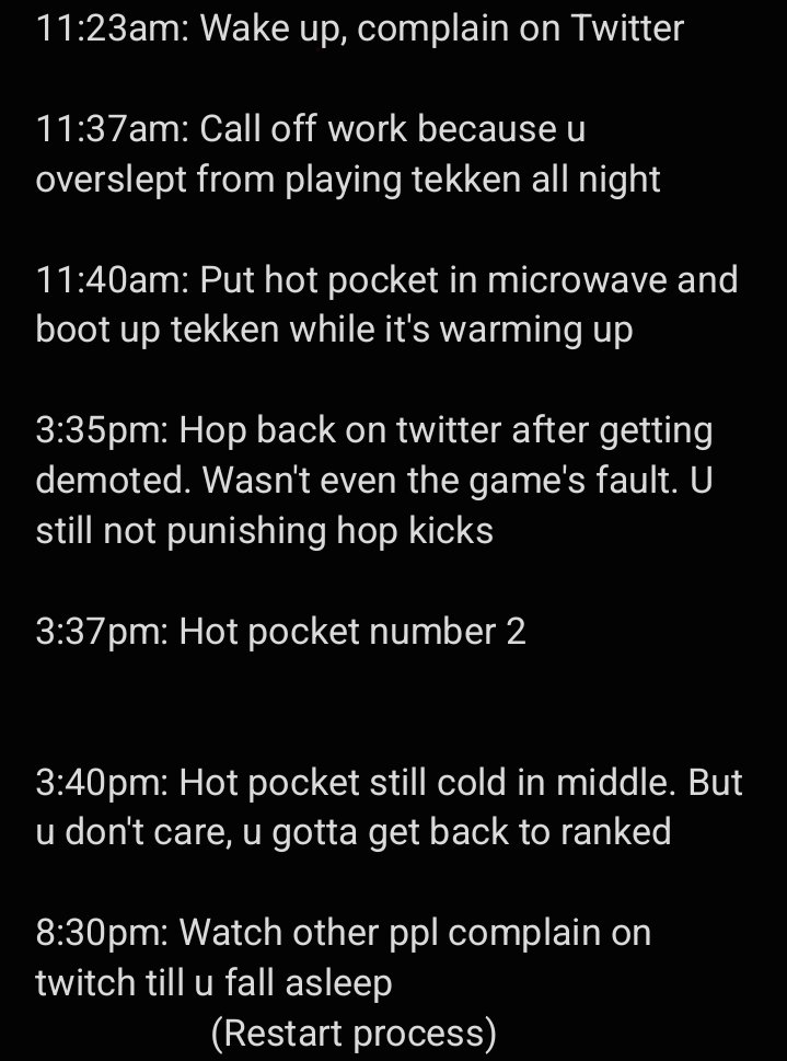 Guys I think the Tekken team understands that the majority of players don't like the game atm. Constant echo chambers are getting tiring. Please go touch grass, talk to a girl, play a diff game, or literally ANYTHING else.

Tekken player routine: