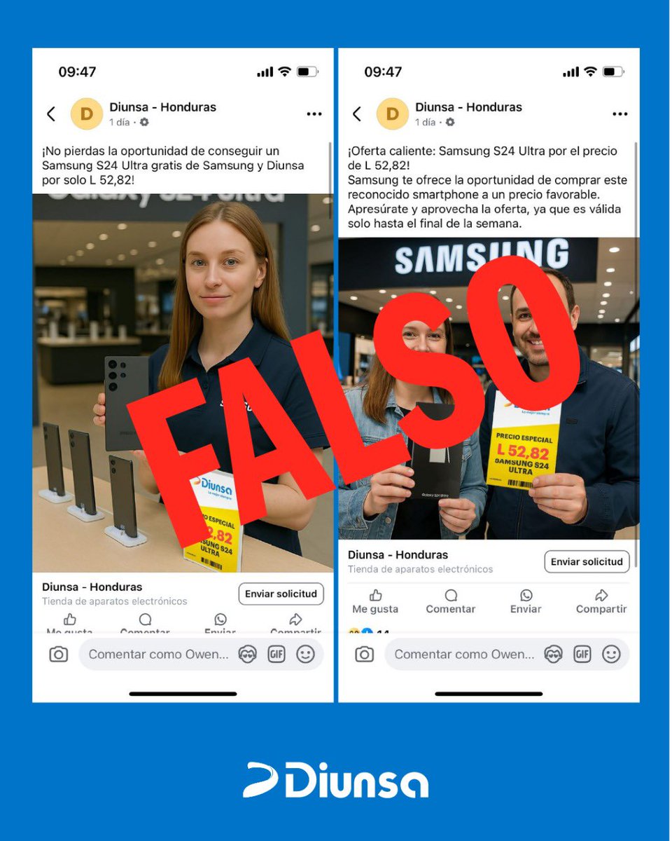 ¡ALERTA! Deseamos aclarar que este anuncio que circula en redes sociales ES FALSO. Para información de nuestra promociones, sigue las redes sociales verificadas de Diunsa. 

¡NO CAIGAS EN TRAMPAS!