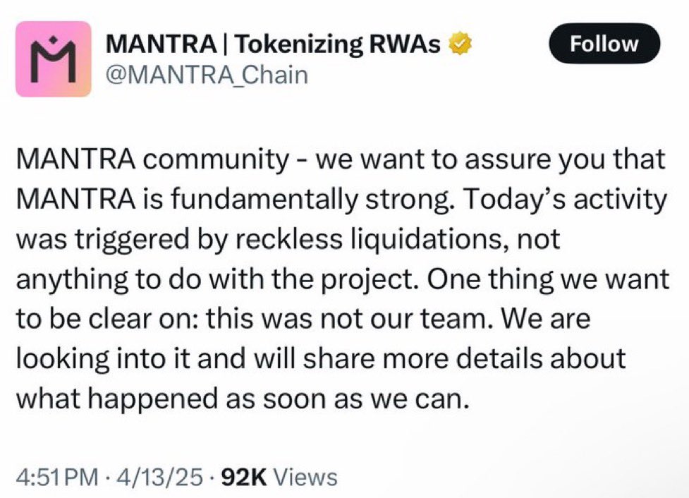 🚨Breaking: Mantra team just posted this official statement after $5.5 billion was wiped out from $OM market cap in 1 hour.