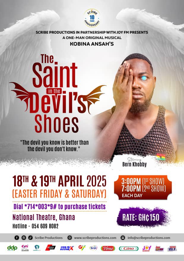 writersPG's tweet photo. THE SAINT IN THE DEVIL'S SHOES 

Don't miss out on all the action! 

Dial *714*003*9# to grab your tickets now!

Easter Friday (April 18) &amp; Saturday (April 19) | 📍 National Theatre,  Accra-Ghana | GHC150

@koby_ansah 

#TheSaintInTheDevilsShoes #OneManMusical #OriginalTheatre https://t.co/KoVq53nwyM