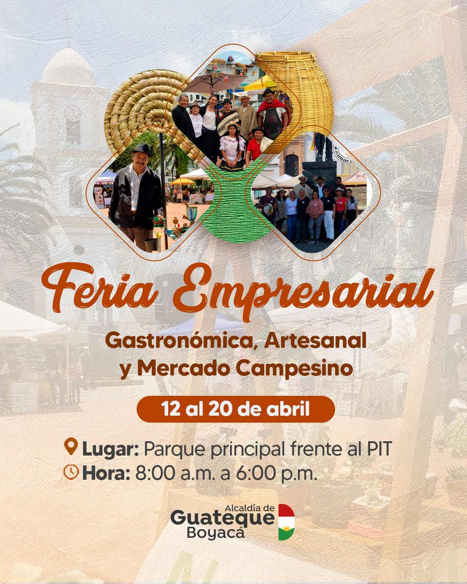 ViralBeeCol's tweet photo. Esta semana Santa disfruta de los mejores productos de Guateque y del Valle de Tenza en la Feria Empresarial, Gastronómica, Artesanal y Mercado Campesino en #Guateque.

#guatequeboyacá #boyacá #AnimeseSumercé https://t.co/aOly9qiwpD