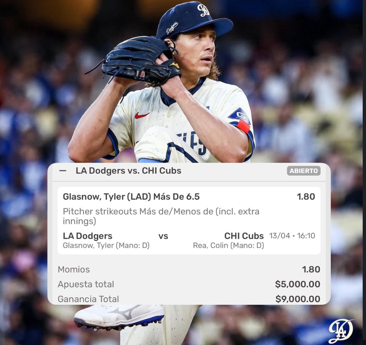 Mi gente, hoy vamos así para #Dodgers vs #Cubs

💰Tyler Glasnow over 6.5 strikeouts.

Nos vemos en la caja, se irán $1,300 entre los que estén arriba de la Rickmosina. 💬❤️🔁