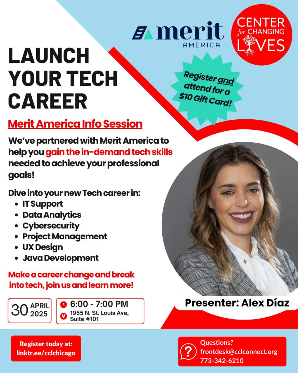 Center for Changing Lives (@cclchicago) on Twitter photo ๐ Ready to launch your tech career? ๐ Join us for an exciting evening at our <a href="/MeritAmerica/">Merit America</a> Open House! ๐
๐ฅ Sign up at the linktr.ee/cclchicago ๐. If you register in advance and attend you will get a $10 gift card!
๐
April 30th at 6pm at 1955 N. St. Louis Ave, #101 ๐ Ready to launch your tech career? ๐ Join us for an exciting evening at our <a href="/MeritAmerica/">Merit America</a> Open House! ๐
๐ฅ Sign up at the linktr.ee/cclchicago ๐. If you register in advance and attend you will get a $10 gift card!
๐
April 30th at 6pm at 1955 N. St. Louis Ave, #101
