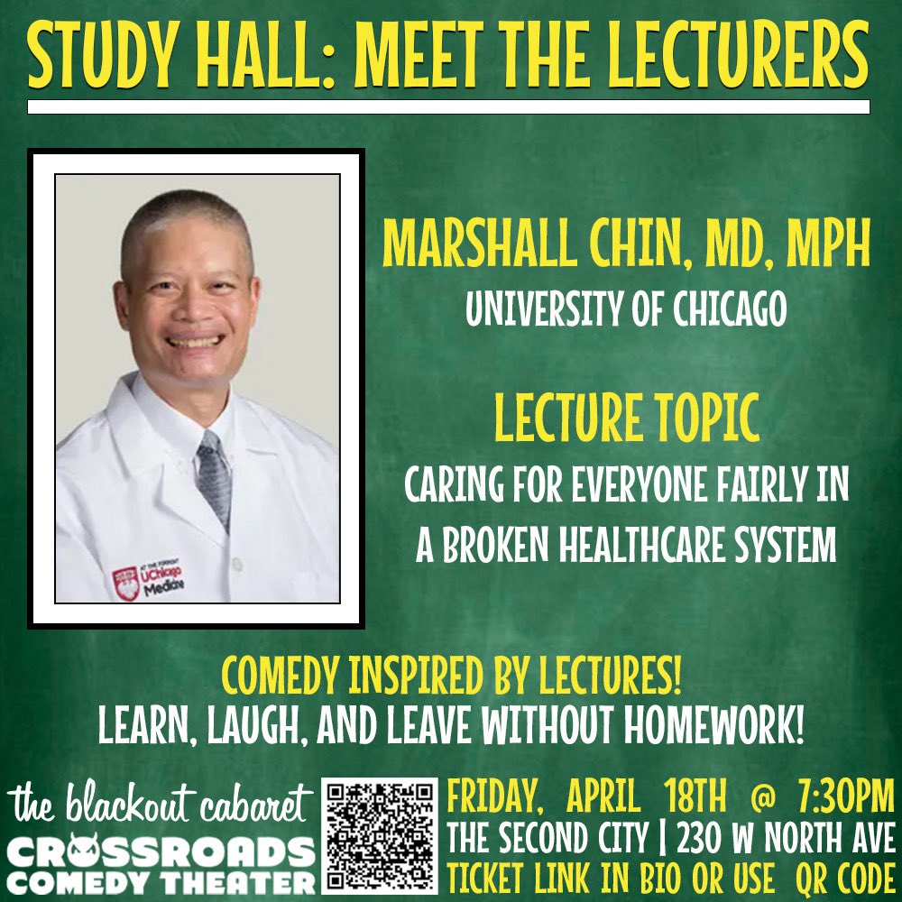 StudyHallShow's tweet photo. CHICAGO! Study Hall is back on Friday 4/18 &amp; 4/25 @ 7:30pm at The Second City! 4/18 features Dr. Marshall Chin lecturing on caring for everyone fairly in a broken healthcare system. Will be joined by Professor Michael Yudell of ASU. Get your tickets now! https://t.co/jZMKd96UFI https://t.co/1eNKbQsh3v