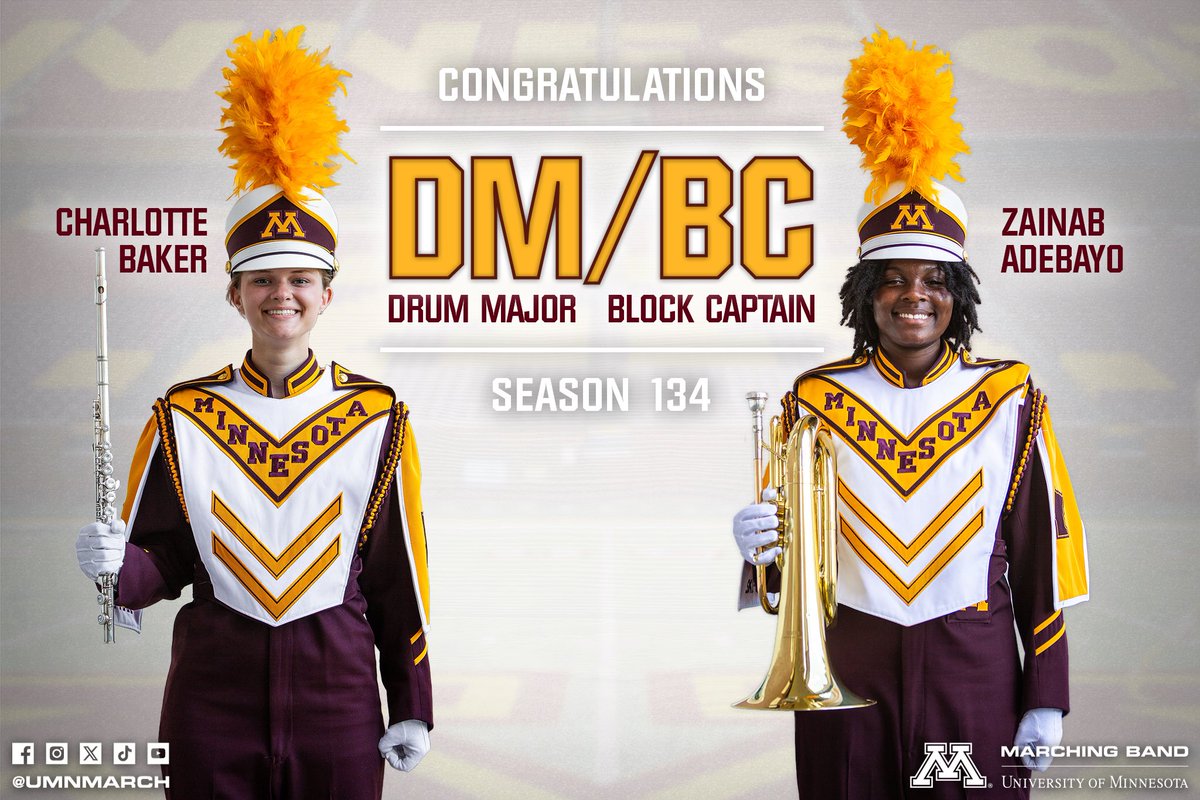 Introducing your new Drum Major, Charlotte Baker, and returning Block Captain, Zainab Adebayo 👏 Season 134, here we come! 

#universityofminnesota #marchingband #collegemarching #drummajor #gophers