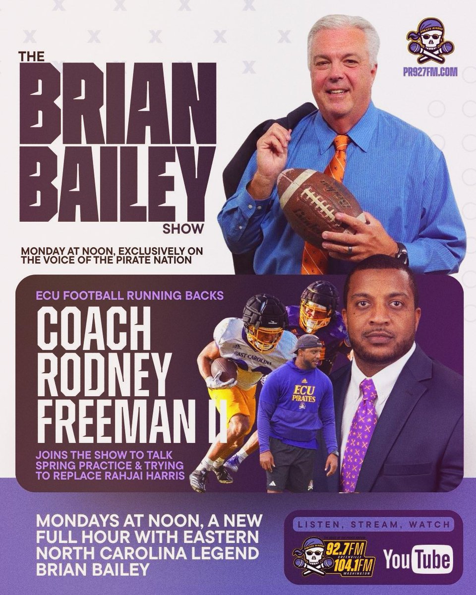 PR927FM's tweet photo. 🏴‍☠️🏈 Monday at Noon on the Brian Bailey Show, ECU Football Running Backs Coach @CoachFree1906 joins @bbaileywnct to talk spring practice.
⚡️ by @GUC_Info 
LISTEN, STREAM, WATCH
📻 92.7FM or 104.1FM
💻 https://t.co/Z5O9agM4X7
📺 https://t.co/wQVzNMi14l https://t.co/RdbTxom3Rv