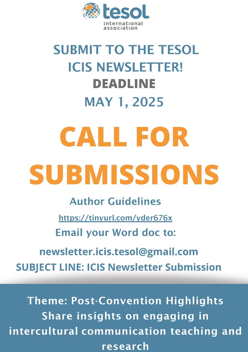 Have your work featured in the next TESOL Intercultural Communication Newsletter. Deadline 1 May 2025.
tinyurl.com/yder676x <a href="/andrealypka/">Andrea</a>