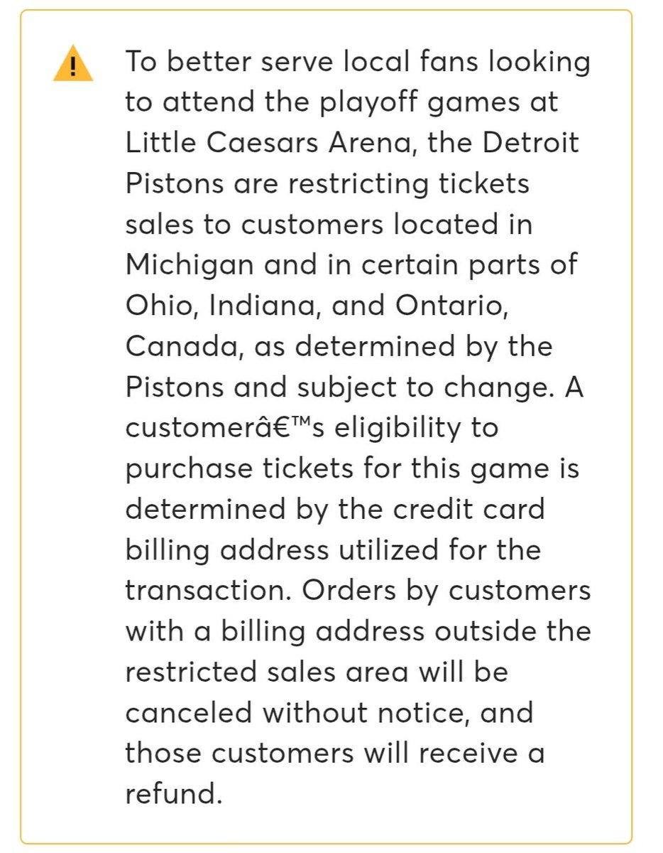 sny_knicks's tweet photo. Fans purchasing tickets through Ticketmaster for Knicks-Pistons games in Detroit are receiving the following message:

"To better serve local fans looking to attend the playoff games at Little Caesars Arena, the Detroit Pistons are restricting tickets sales to customers located in Michigan and in certain parts of Ohio, Indiana, and Ontario, Canada, as determined by the Pistons and subject to change."