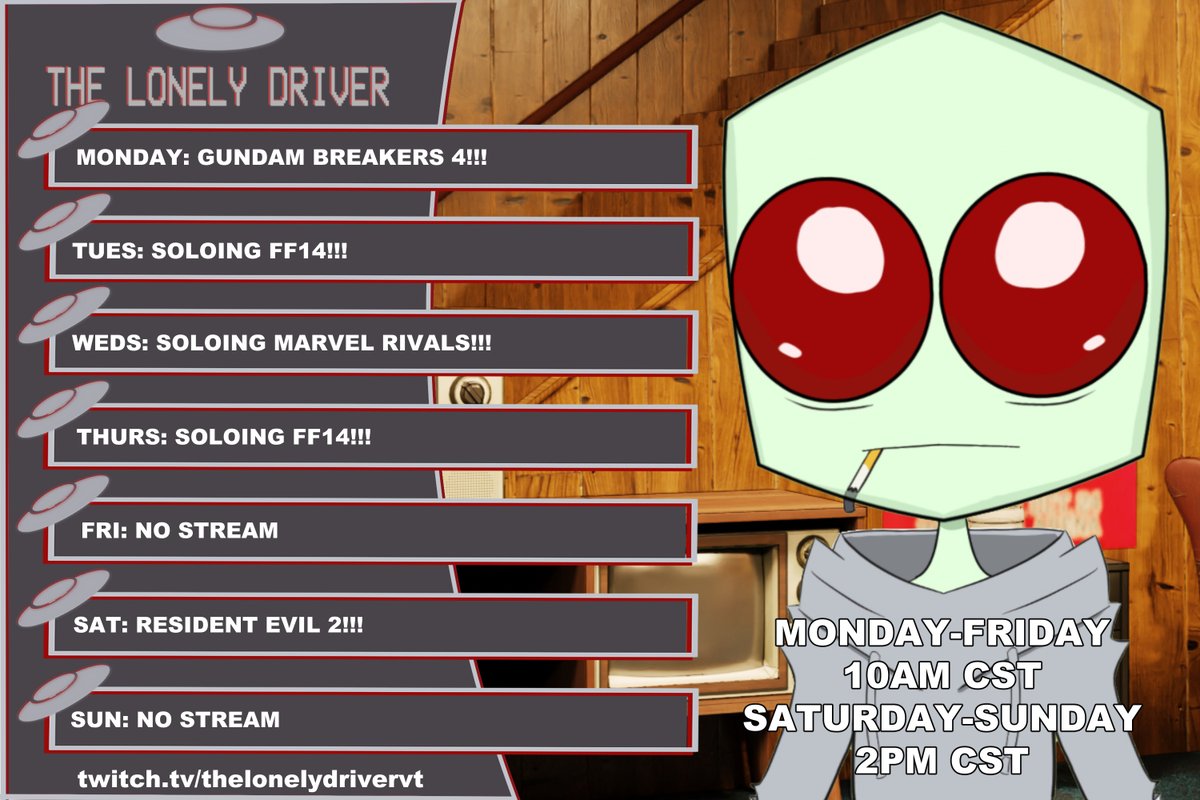 lonelydriverVT's tweet image. Heyo drivers here is the schedule for this week!!! I HOPE YOU DRIVERS ENJOY YOUR WEEK!!! LINK IN THE BIO!!! #Vtubers #VTuberUprising #ENVtuber #twitchstreamer #twitch #UFOVtuber