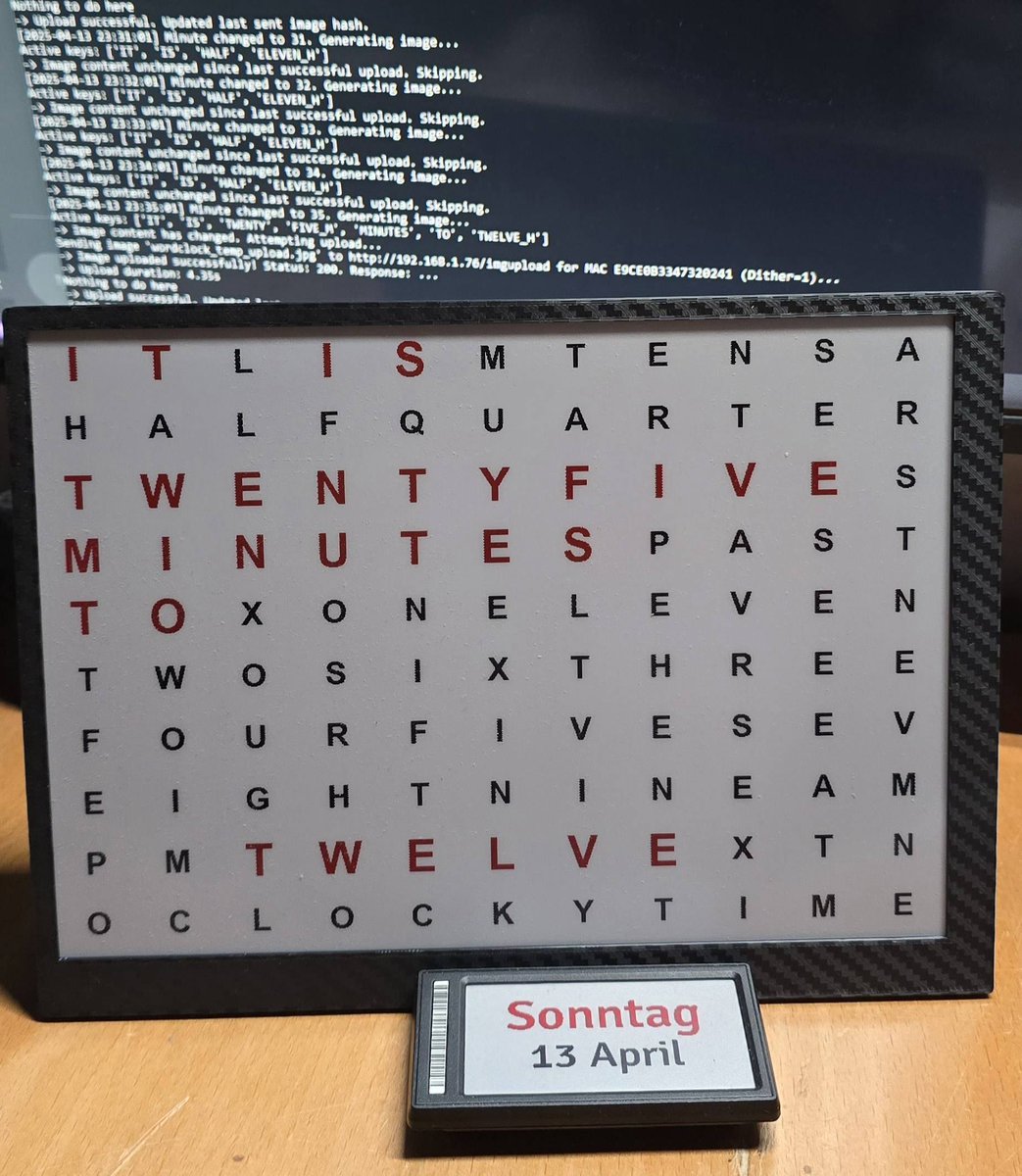 atc1441's tweet image. Created a Word Clock for the 9.7" E-Paper Display which utilizes the OpenEpaperLink Project
The Python script creates the Word Clock image and does a post request to the OEPL AP which will upload it every 5 minutes to the display
Code can be found here: github.com/OpenEPaperLink…