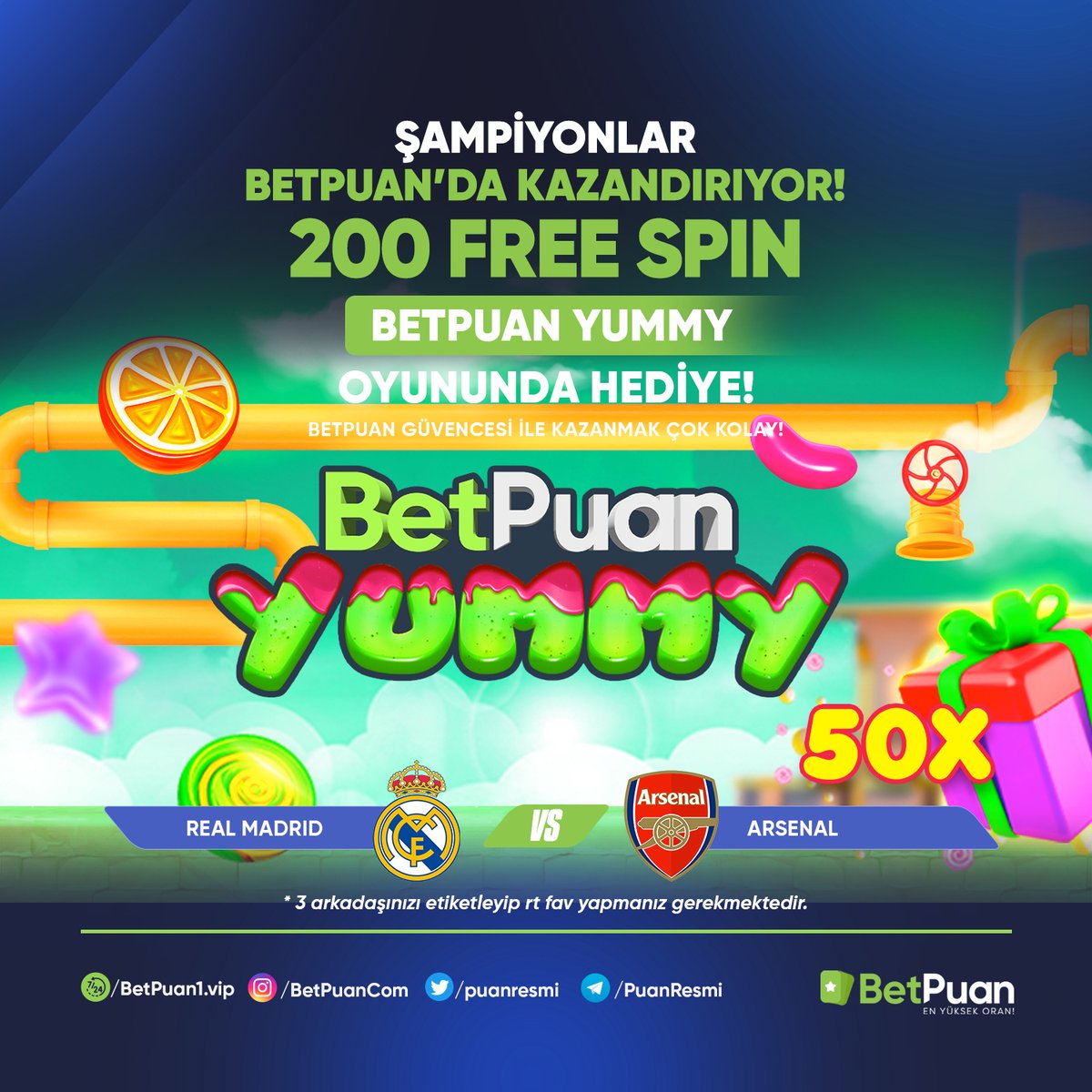 puanresmi's tweet photo. 🏆 ŞAMPİYONLAR BETPUAN'DA KAZANDIRIYOR! 200 FREE SPIN SİZLERİ BEKLİYOR

⚽ #REALMADRID 🎯 #ARSENAL

🎉 BETPUAN HASTAGI İLE 3 ARKADAŞINIZI ETİKETLEYİN VE TAHMİNİZİ DOĞRU İLETİN BU HEYECANA ÖZEL 200 FREE SPINI YAKALAYIN!

🏆 #DETAYLAR; https://t.co/MIzdyYMRim

#puancom #puanvip https://t.co/XIpGfoHOsY