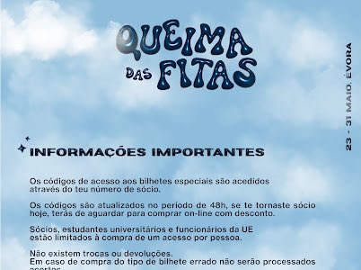 A hora chegou! ⏰ 

𝗙𝗮𝘇-𝘁𝗲 𝗮̀ 𝗽𝗶𝘀𝘁𝗮 𝗲 𝗴𝗮𝗿𝗮𝗻𝘁𝗲 𝗷𝗮́ 𝗼 𝘁𝗲𝘂 𝗹𝘂𝗴𝗮𝗿! 🤩🎉

Adquire o teu passe geral na 𝘀𝗲𝗱𝗲 𝗱𝗮 𝗔𝗔𝗨𝗘 ou através do link que temos na 𝗱𝗲𝘀𝗰𝗿𝗶𝗰̧𝗮̃𝗼 𝗱𝗮 𝗻𝗼𝘀𝘀𝗮 𝗽𝗮́𝗴𝗶𝗻𝗮. 🎟️

𝗢 𝗰𝗲́𝘂 𝗲́ 𝗼 𝗹𝗶𝗺𝗶𝘁𝗲! 👀🛩️