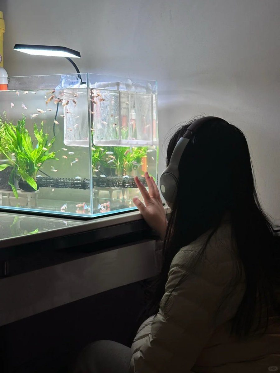 A moment of tranquility as she immerses herself in the serene beauty of the fish tank. 🌌🐟