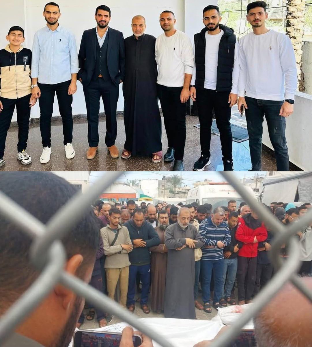 Yukarıda: Altı kardeş, babalarıyla birlikte… Bugün –babaları hariç– tamamı, araçlarının hedef alınmasıyla şehit oldular.

Aşağıda: Baba, evlatlarının parçalanmış bedenlerini bir araya getirip, altısı için birden cenaze namazı kılıyor…

En aşağılık olanlarsa: Bu zulme ortak