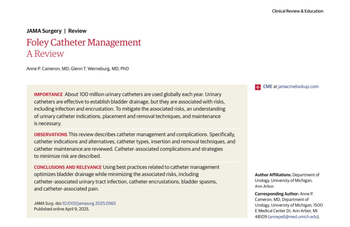 JonathanNefro's tweet image. La sonda Foley. 
Utilizada en el 20% de los hospitalizados, todos deberíamos saber lo básico de ellas. En esta revisión encontrarán datos valiosos

 JAMA Surg 2025
doi:10.1001/jamasurg.2025.0565