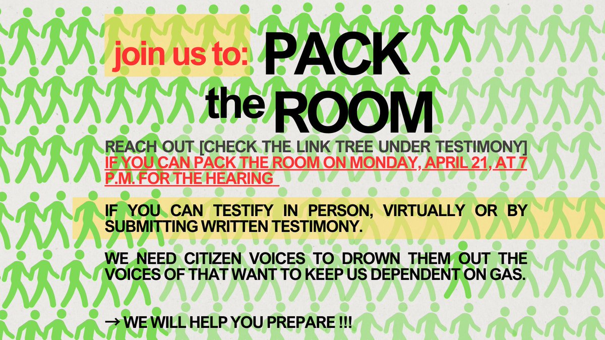 Pack the room and stop big gas's monopoly on our wallets. Reach out and let us know how your story and we can walk you through how to make that a testimony. Or come out and let your reps. know that we want off gas!