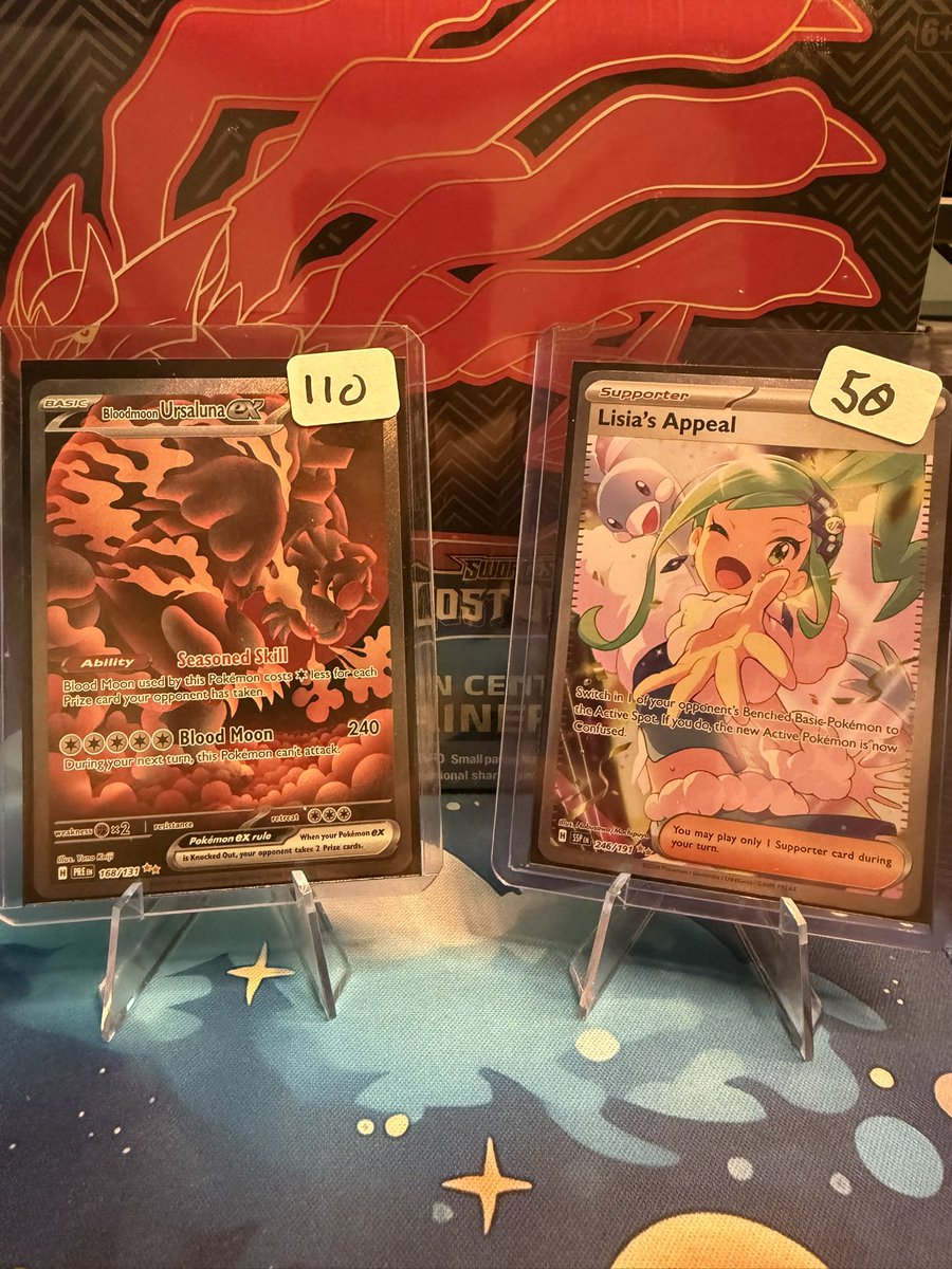 ‼️SALE‼️

Bloodmoon Ursaluna ex ($110) 🐻

Lisia’s Appeal ($50) ☁️

Free Shipping 📦
