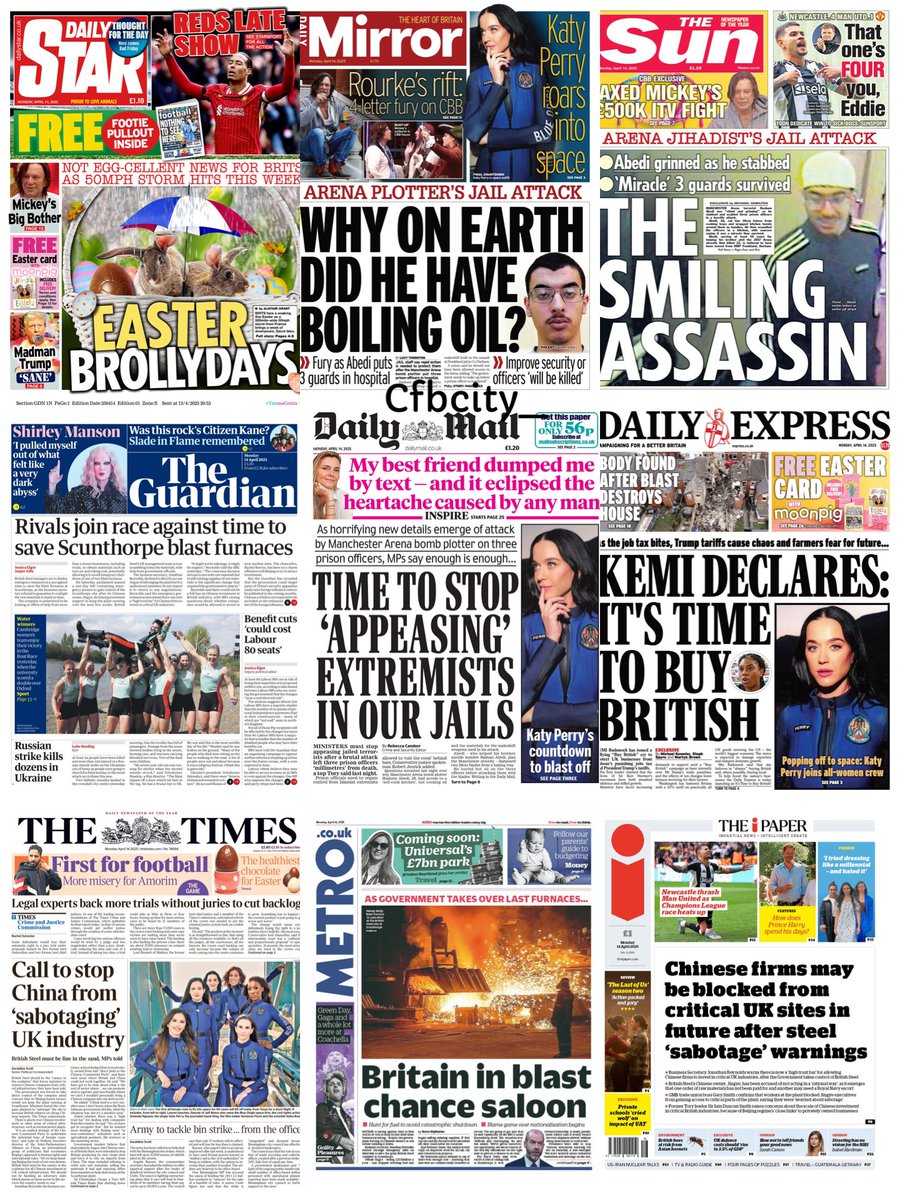 cfbcity_'s tweet photo. Monday 14th April 2025
UK national newspaper front page collage #ukpapers #frontpagestoday #TomorrowsPapersToday https://t.co/NuhMt1Q7LP