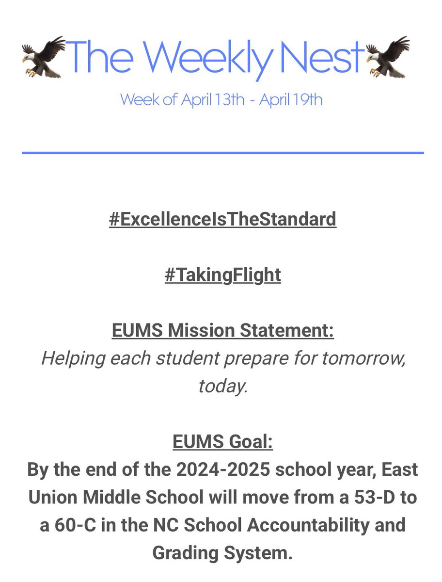 East Union Middle School (@eastunionmsnc) on Twitter photo Good Evening Eagle Nation,
The Weekly Nest is out! Please click on the link below for up-to-date information on all-things East Union! Go Eagles!
Link: bit.ly/TheWeeklyNest
@ucpsnc @aghoulihan <a href="/BashawnHarris/">Bashawn Harris</a> Good Evening Eagle Nation,
The Weekly Nest is out! Please click on the link below for up-to-date information on all-things East Union! Go Eagles!
Link: bit.ly/TheWeeklyNest
@ucpsnc @aghoulihan <a href="/BashawnHarris/">Bashawn Harris</a>