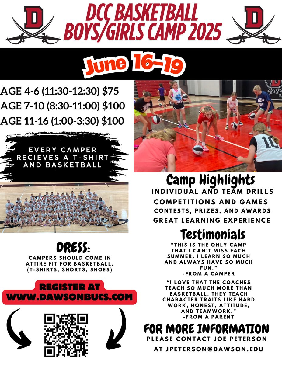 🏀 Basketball Camp: June 16–19! 🏀

Boys &amp; girls ages 4–6, 7–10, and 11–16 are invited to join us for 4 days of fun, skill-building, and competition! 🔥

📅 June 16–19
📍Toepke Center Gym
📲 dawsonbucs.com/sports/mbkb/20…