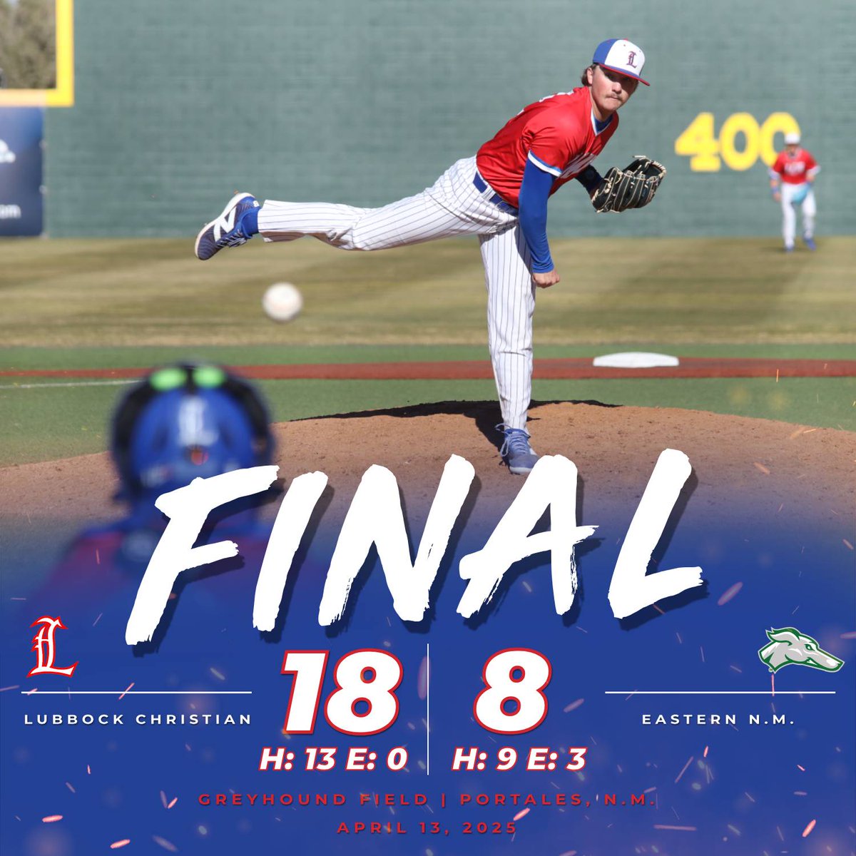 LCU_Baseball's tweet image. Offensive explosion💥

@LCU_Baseball - 18
Eastern N.M. - 8 

🔵Chaps run-rule the Greyhounds in the finale to salvage a series split in Portales...