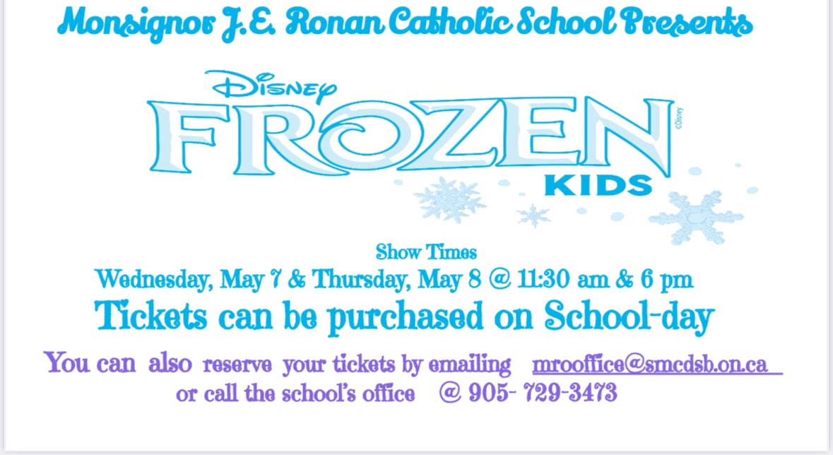 Join us for a magical performance of Frozen on May 7 &amp; 8! 
Don’t miss this enchanting experience - come and enjoy the show! 🌟🌟
Tickets are now on sale on School Day ! ❄️❄️❄️❄️❄️❄️
#FrozenWithMRO #FrozenOnStage