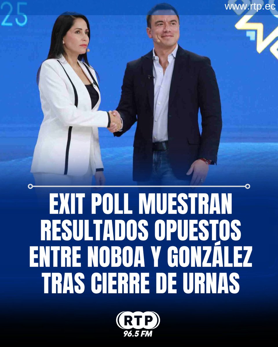 RtpEcuador's tweet image. A las 17:00 de este domingo 13 de abril de 2025 se cerraron las urnas en #Ecuador. Dos encuestadoras autorizadas por el CNE difundieron resultados a boca de urna con diferencias marcadas: Corpmontpubli da ventaja a #LuisaGonzález con 51,9%, mientras que #Telcodata coloca a Daniel…