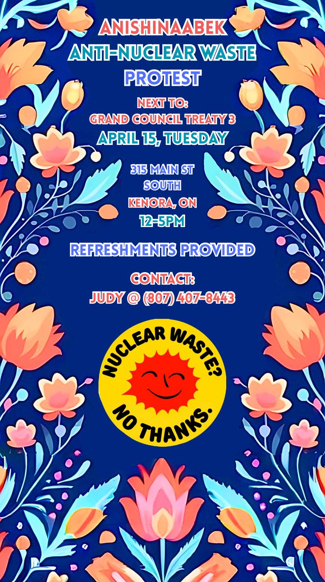 Join #GrassNarrows community members this Tuesday April 15th in Kenora to #SayNoToNuclear 

12-5pm at 315 Main St. South 

#FreeGrassy