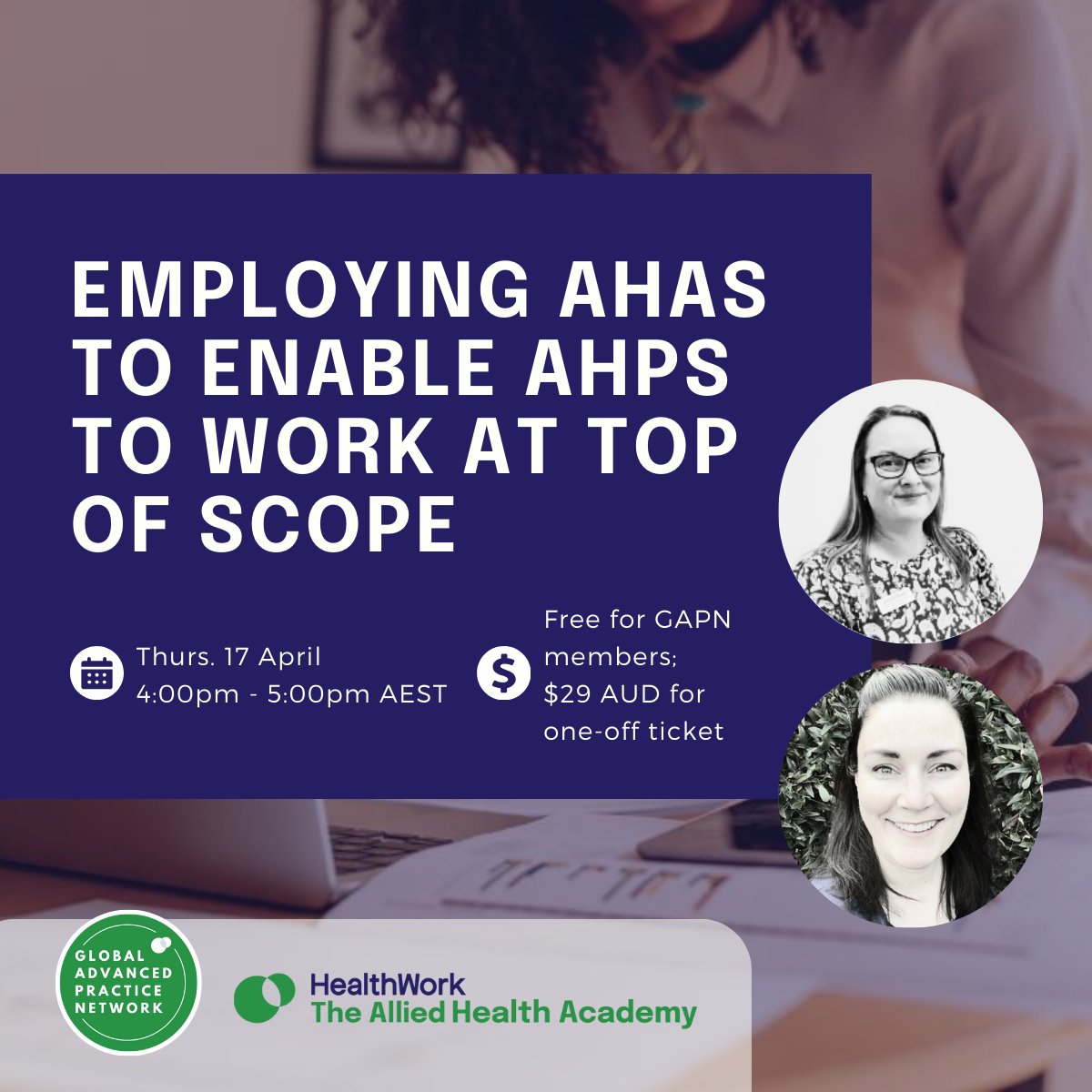 Join us this Thurs to explore how #AHAs can empower #AHPs to work at the top of their scope.

📅 How to attend? 
#GAPN members can attend here for free: loom.ly/4gnVBkw
-OR-
Purchase a one-off ticket ($29 AUD) here: loom.ly/RPpGs3M

#AdvancedPractice #AlliedHealth