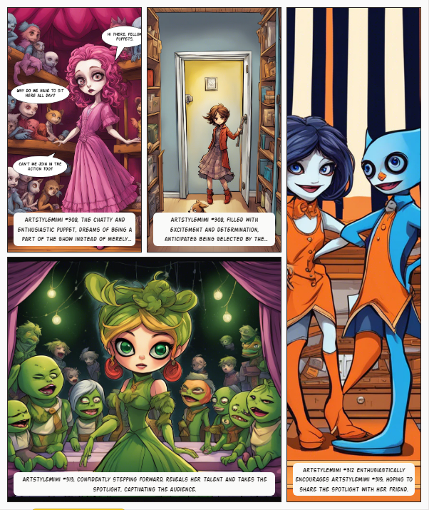 NftTasha's tweet image. Yo! ArtStyleMimi #308 lives in a puppet theater, hating shelf dust. She shines on stage, bringing joy. Come see her perform! #PuppetLife 🎭 )🤪