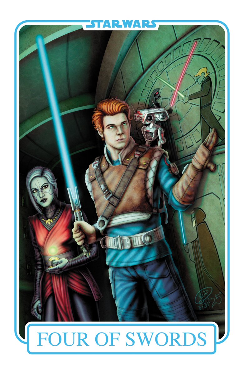 EdWatsonArt's tweet photo. Star Wars Tarot - The Sky River Deck:

Card 30: Four of Swords.
Characters: Cal Kestis &amp; Merrin.

**This is fan art. Star Wars ©Lucasfilm Ltd ©Disney.**

#TarotCards #StarWars #StarWarsTarotCards #Jedi #Sith #CalKestis #Merrin #JediFallenOrder #JediSurvivor #Disney #LucasfilmLtd https://t.co/76uNbnocHt