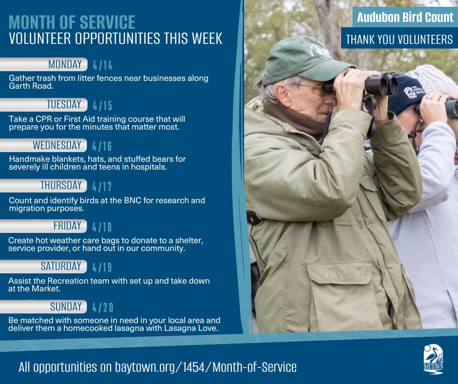 CityofBaytown's tweet photo. From bird lovers to crafters, this week’s volunteer opportunities have something for everyone! Help assemble hot weather bags or join a service event. Let’s spread love + make a difference!
Sign up: https://t.co/hkIU18ZdwC #BaytownServes #MonthOfService https://t.co/mpVsjBO1xA
