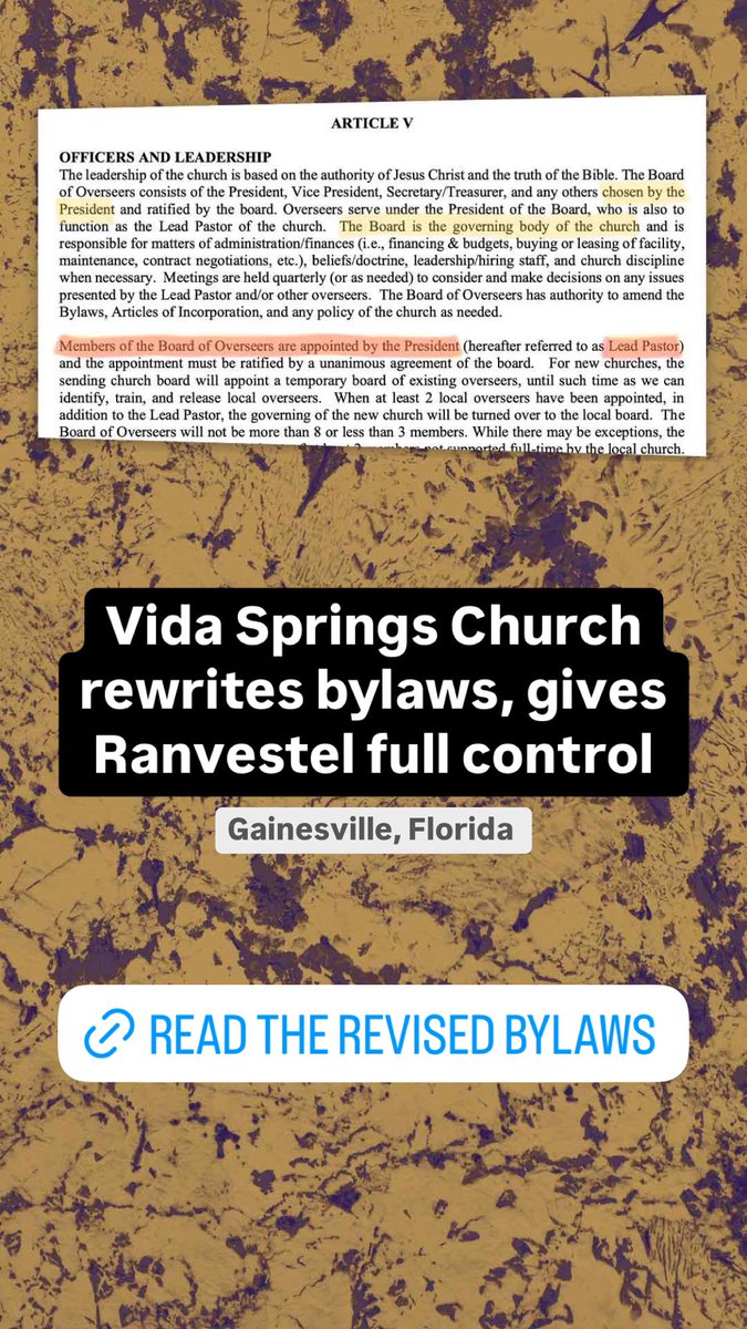 LeavingNetwork's tweet photo. KNOW BEFORE YOU SIGN: 
Vida Springs Church (Gainesville, Florida) rewrites bylaws, gives Ranvestel full control

https://t.co/9dydXaSNvq https://t.co/ANIdU79UzR