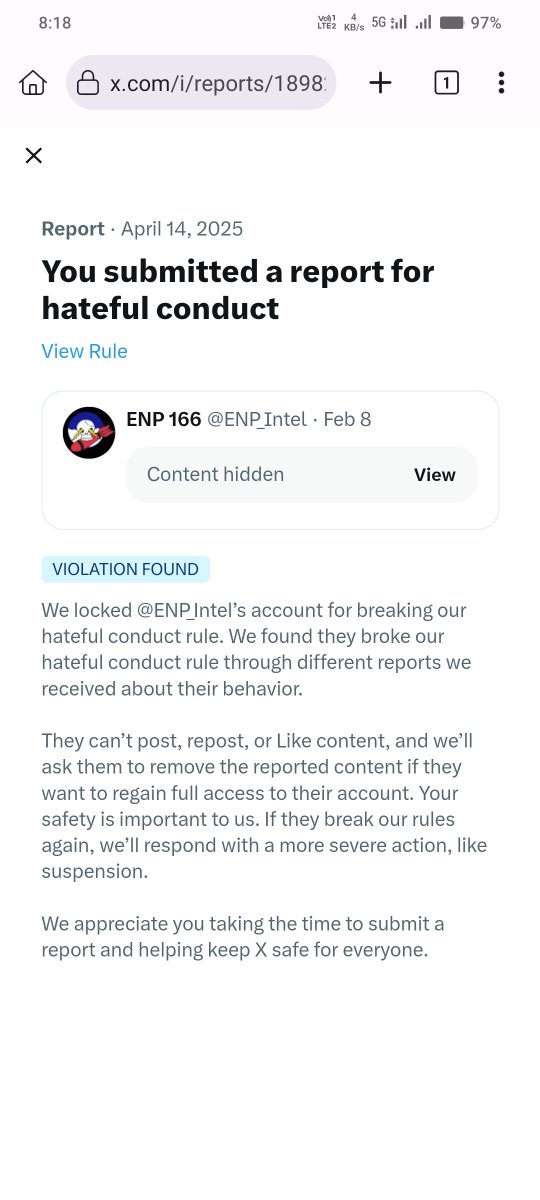 SuspenderTeam's tweet image. @X @Safety
Another repeat offender: @ENP_Intel has violated the hateful conduct rule, as confirmed in your report (see attached). Please take immediate action and suspend this account permanently to protect users from continued abuse.
#SuspendHate #XSafety #ReportUpdate