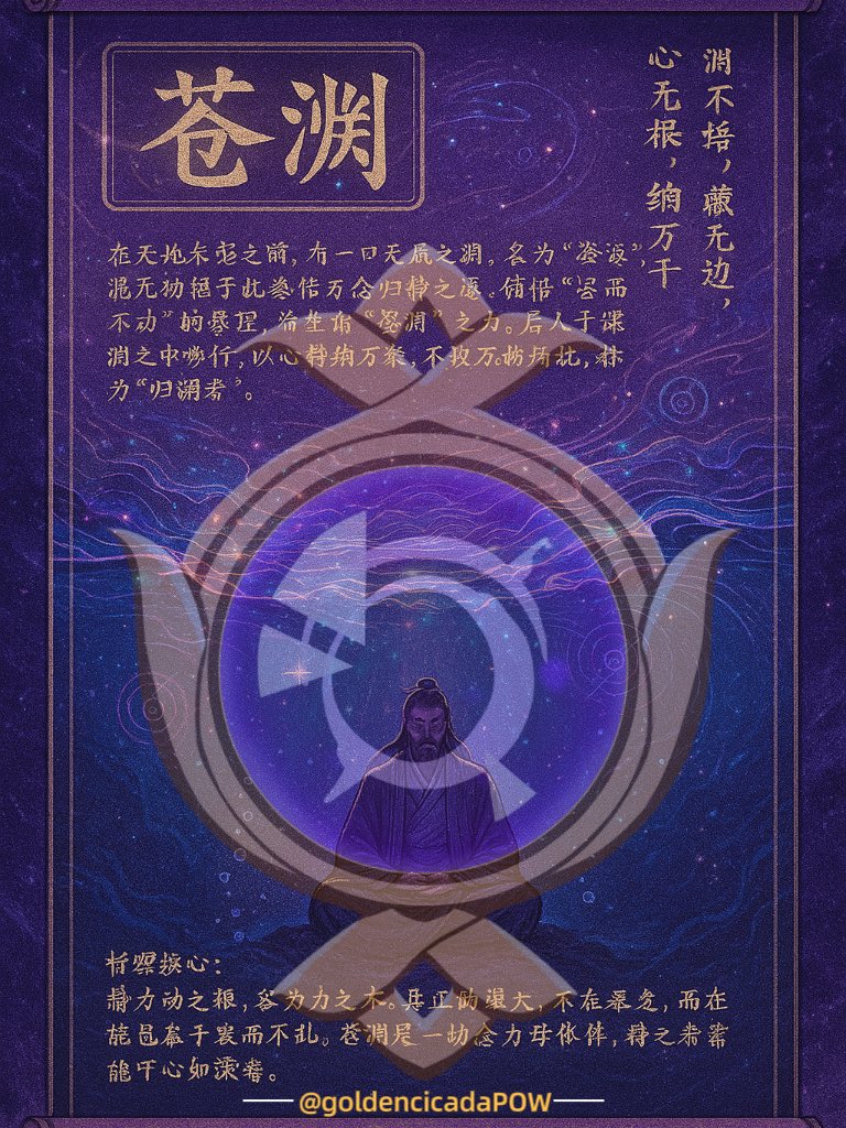 goldencicadaPOW's tweet photo. 一诀 · 苍渊

渊不语，藏无边；心无垠，纳万千

静极思动，动极还寂
一息归渊，万念不惊

静为动之根，容为力之本

真正的强大，不在爆发，而在能包容千变而不乱，苍渊是一切念力的母体，持之者需能守心如深海。

#混元七力诀 
#goldencicada https://t.co/CF1ETduyOa