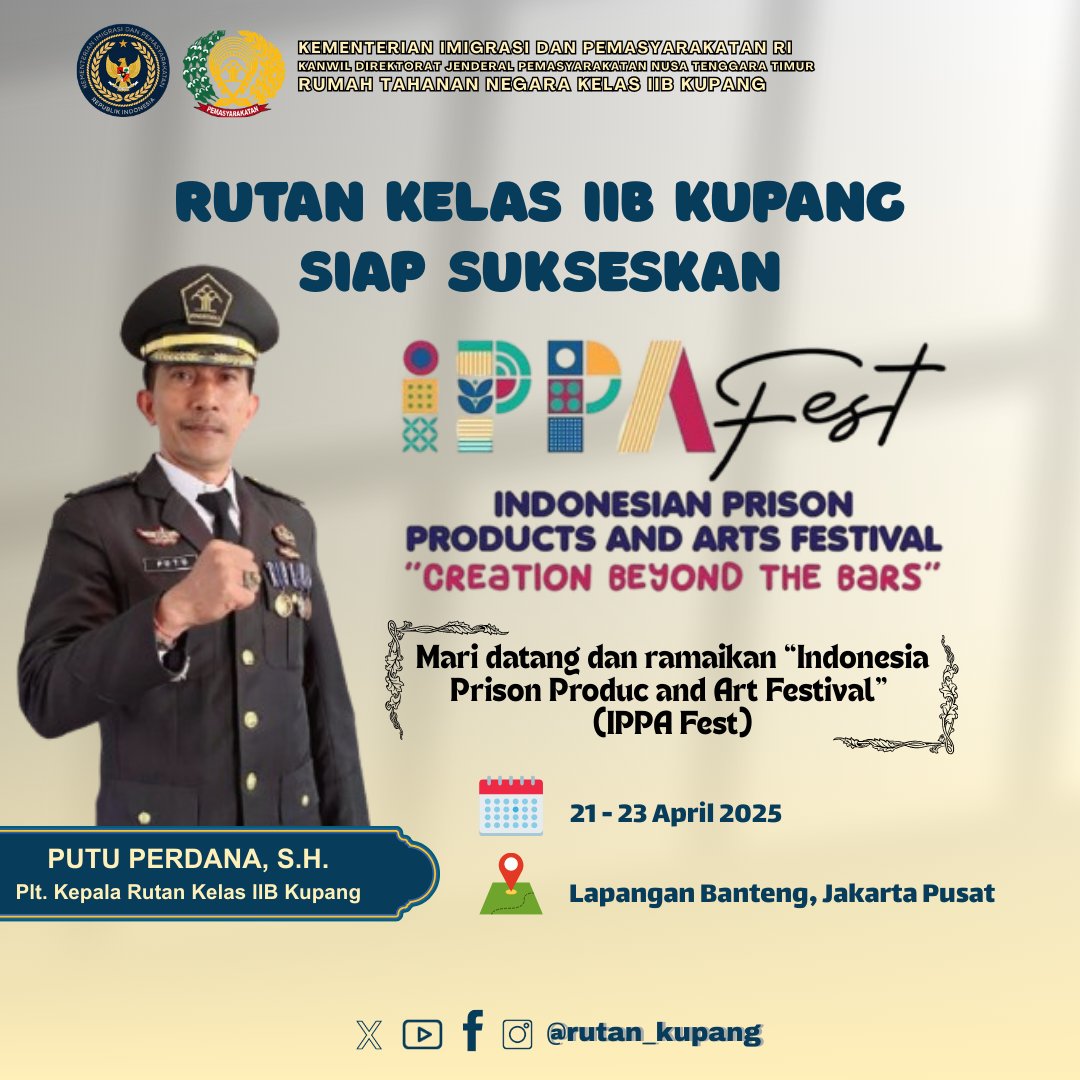 rutankupang's tweet photo. Halo, Sobat PAS!
Bersiaplah untuk pengalaman yang tak terlupakan di IPPA Fest 2025..
@kemenimipasRI
@ditjenpas
@pemasyarakatanntt
@Kanwil DitjenPas Ntt
#IPPAFEST
#rutan_kupang
#humasrutankupang
#HariBhaktiPemasyarakatan61
#Pemasyarakatanpastibermanfaatuntukmasyarakat https://t.co/yLUr3JpK15