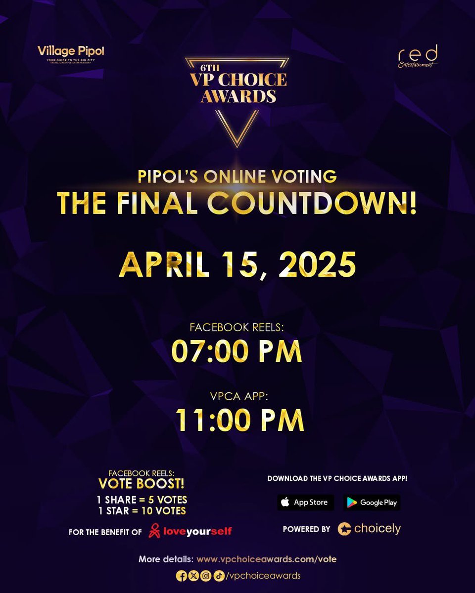 vpchoiceawards's tweet photo. Pipol, the final countdown is on! 🗳️

Voting for the #6thVPChoiceAwards officially ends on APRIL 15, 2025 — don’t miss your chance to make it count!

⏰ Facebook Reels voting closes at 7:00 PM
⏰ VPCA App voting closes at 11:00 PM

Set your alarms and cast those final votes! Every vote brings your favorites closer to victory! 🏆 

#6thVPCAVoteNow #VPChoiceAwards #VillagePipol