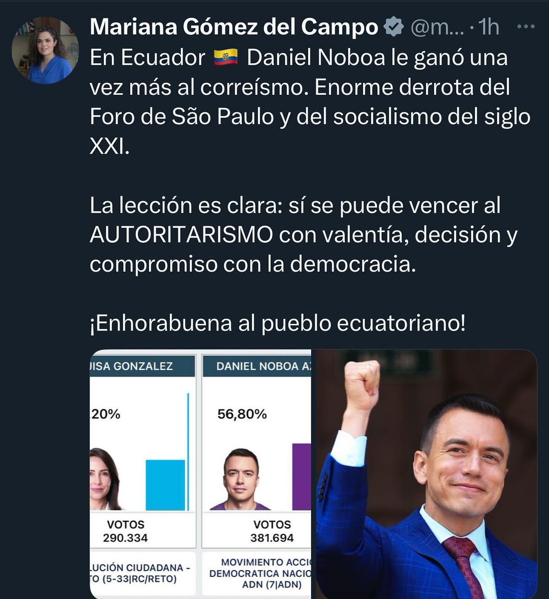 A falta de victorias panistas, Mariana Gomez del Campo celebra la reelección de Daniel Noboa en Ecuador. Le preguntamos a la sobrina de Felipe Calderón... ¿ese socialismo del que hablas se encuentra con nosotros en esta habitación?