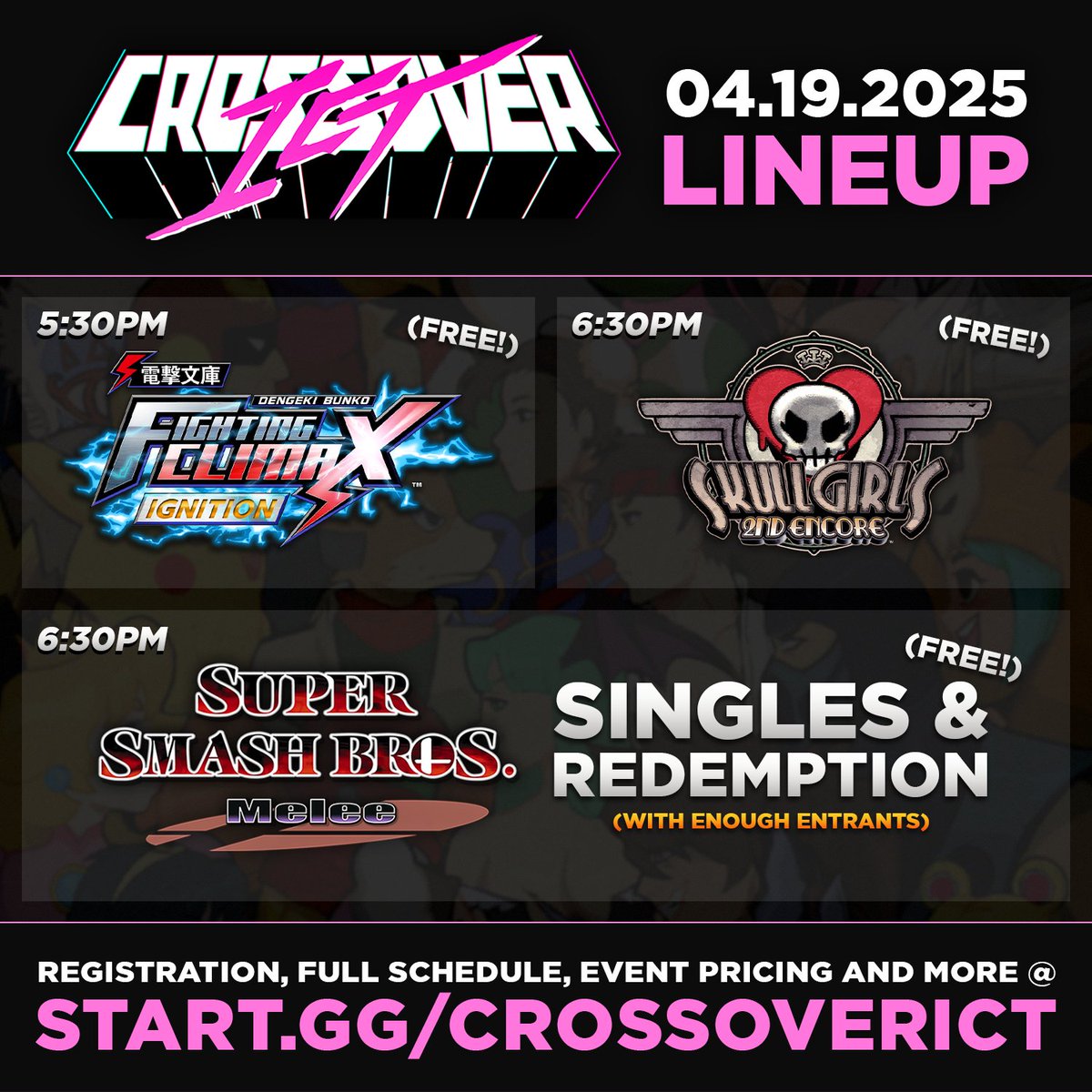 Page for this Saturday's Crossover ICT is up! 📢

This week’s lineup includes:
🥖 Dengeki Bunko: Fighting Climax Ignition
💀 Skullgirls: 2nd Encore
🦊 Super Smash Bros. Melee

ALL BRACKETS ARE FREE ENTRY THIS WEEK!

Register using the link in the reply! 👇