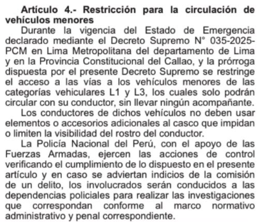 jcaloggero's tweet photo. Se acaba de publicar en El Peruano la norma que amplia el Estado de Emergencia en Lima y que dispone que los conductores de motocicletas no pueden llevar a ningún acompañante #PERU #MUYURGENTE #URGENTE #Seguridad #seguridadciudadana https://t.co/98Yb52xb1K