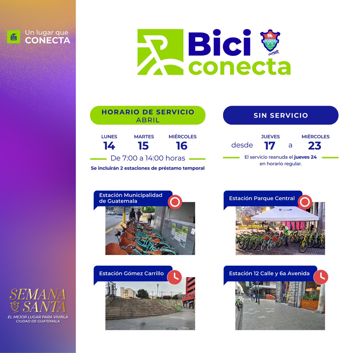 TransmetroGuate's tweet photo. ¡Esta #SemanaSanta nos movemos en #Bici! 🚴
Pedí tu bici gratis en los 4 puntos de préstamo que tendremos para ti y recorré la sexta avenida de forma ágil, ecológica y divertida.

#MeVoyEnBici #BiciConecta #UnLugarQueConecta #Ciclovías https://t.co/pt0Usl6d3V