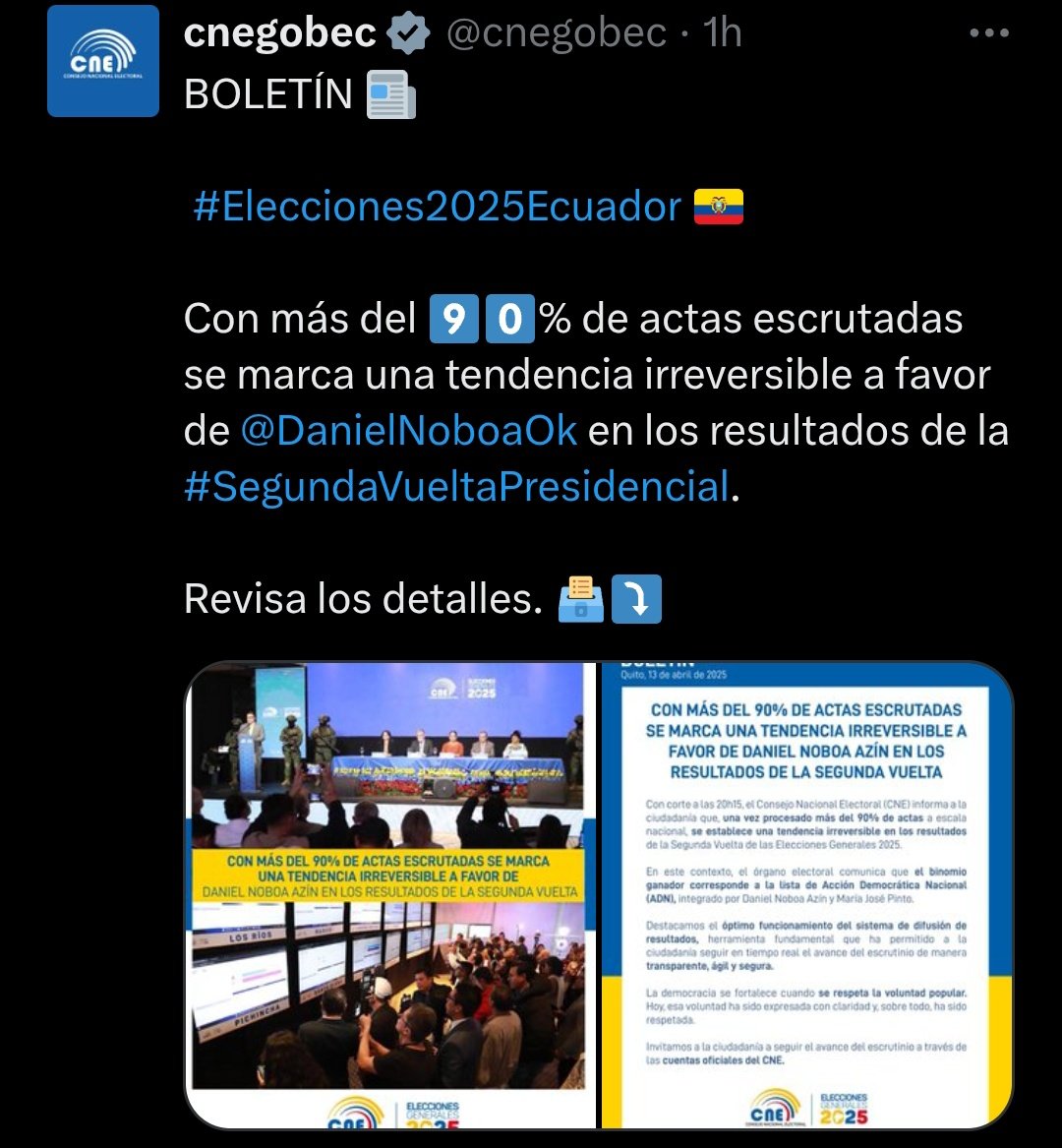 "La democracia es forma de gobierno pero algo más: es organización social; pero algo más: debe ser conducta, debe ser comportamiento." Borja R.
En un acto democrático el país se ha pronunciado, auguramos éxitos a <a href="/DanielNoboaOk/">Daniel Noboa Azin</a> en beneficio de las familias ecuatorianas. #Ecuador