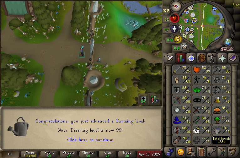 BoomZee_'s tweet photo. Forgot about the SOTE xp reward and accidentally got 99 farming lmao. First ever 99 in my 20 years on RS (also SOTE complete on the HCIM time to die to gauntlet!) https://t.co/WPDkVTSwcd