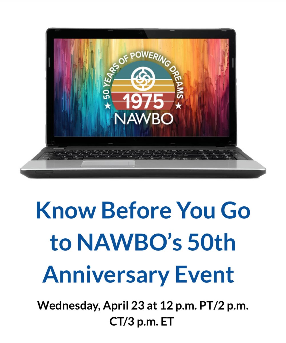 NAWBONational's tweet photo. We’re less than 2 months away from our 50th events! These informative sessions will help answer your questions and prepare you for the best #NAWBOWBC experience.
Register for the next one: https://t.co/xFBo0tRLAS https://t.co/Bxc19lMslu